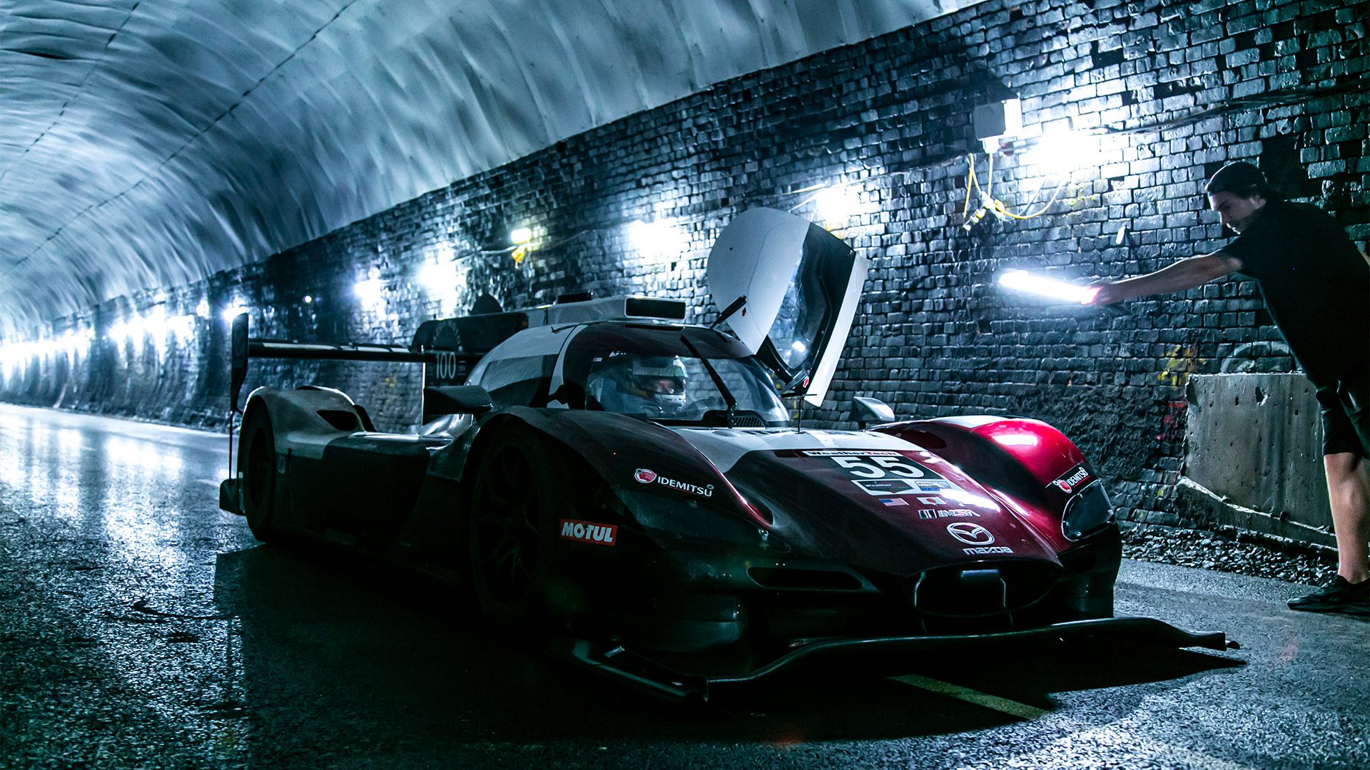 Multimatic Motorsport's benchmark Mazda DPi racecar undergoing aero testing at Catesby Tunnel